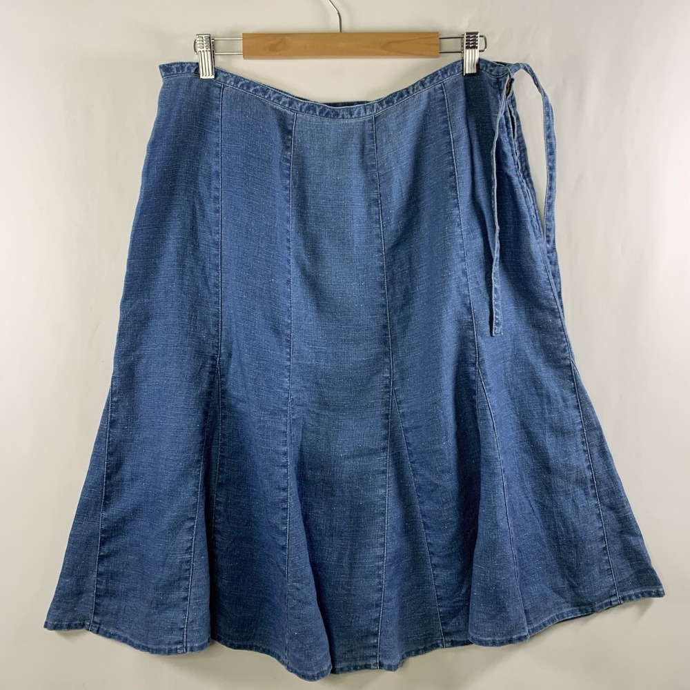 Coastal 100% Linen Paneled Skirt Size 14 Blue Euro Summer Feminine Side Tie